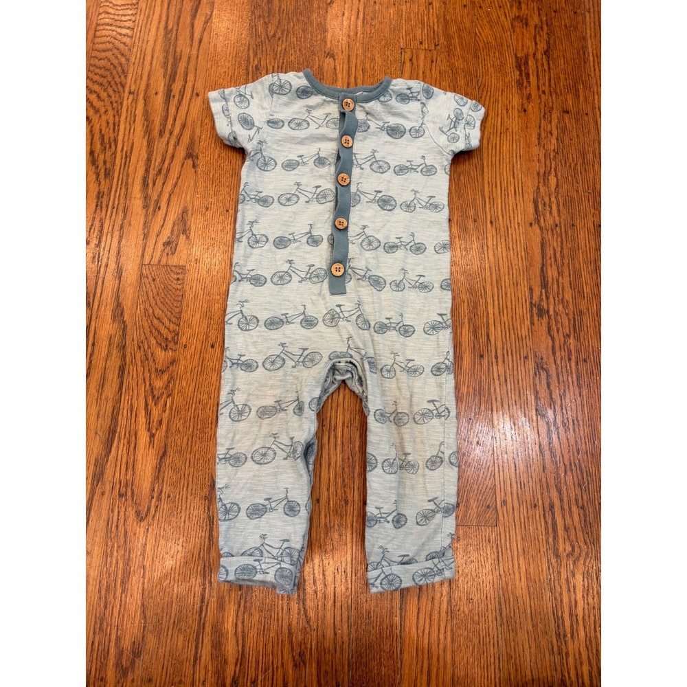 City Mouse Kids Blue Organic Cotton Bicycle Print Henley Romper 12-18 Months